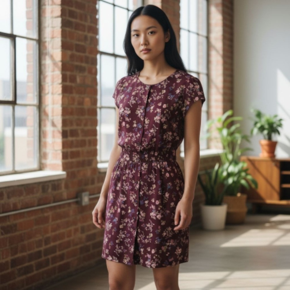 Reformation Dress Womens 10 Burgundy Floral Button Front Short Sleeve Hemmed